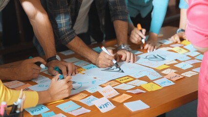 Close up of developer team using mind map to brainstorm idea. Top view of skilled group of business...