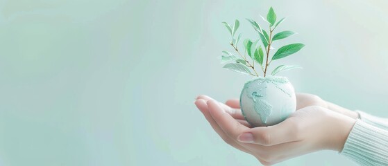 A hand holding a small plant in a green vase