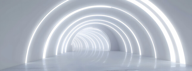 Fototapeta premium White background room light abstract space tunnel stage floor. Empty white future 3D neon background studio futuristic corridor render modern interior silver road black wall design gray 