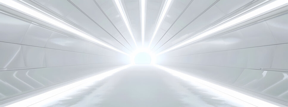 Fototapeta White background  room light abstract space  tunnel stage floor. Empty white future 3D neon background studio futuristic corridor render modern interior silver road black wall design gray 