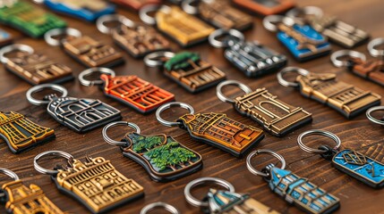 Collection of colorful souvenir keychains on a wooden surface.