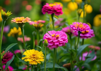 Obraz premium Closeup of Pink and Yellow Zinnia Flowers in a Garden