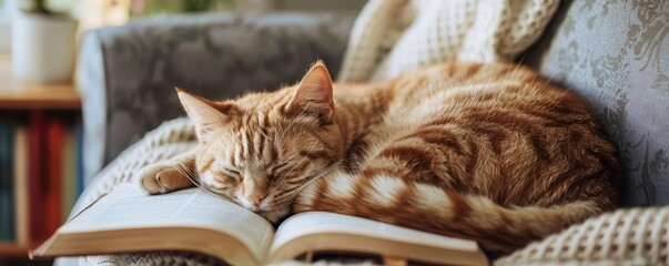 Cat curled up next to an open book on a comfy armchair, relaxed and homey, reading, cozy vibes