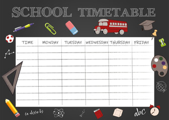  School timetable on the dark background of small details from school life Vector illustration education concept timetable template
