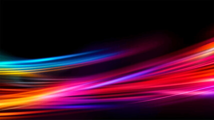 Colorful light trails with motion effect for animation and motion graphic. Overlay neon light vector illustration isolated on black background