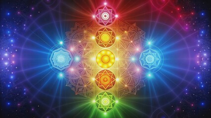 Image of colorful 7 chakras with corresponding symbols on each, representing the energy centers in the body, spiritual