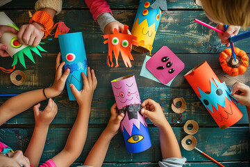 Children making colorful monster crafts from paper rolls