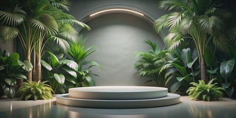 Obraz premium Circular stage with backdrop lighting and tropical plants for product display, stage, display, backdrop, lighting