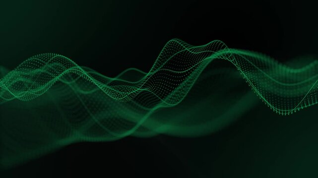 Seamless loop background with dark green wave form made of dots and lines smoothly float with glow effect. Wavy structure screensaver for digital science technology and vj performance. Looped 4K 60fps