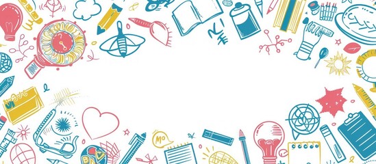 Fototapeta premium Sharp focus school background with colorful doodles and white space.