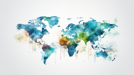 Hand drawn watercolor world map aquarelle illustration.