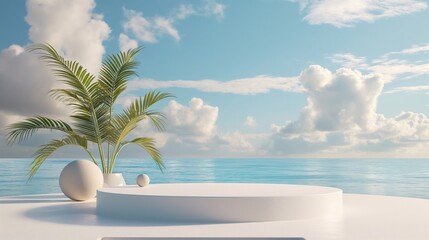 Fototapeta premium podium on beach with waves and sky, summer podium for representing products, 