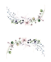 Watercolor painted floral symmetric semicircular frame. Pink flowers, blue, green wild meadow twigs, blueberry branch, leaves Hand drawn illustration template. Watercolour artistic template design.
