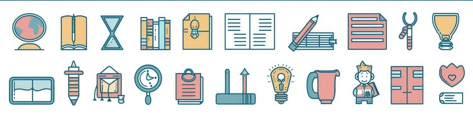 Solid color stroke outline school icons set on pastel background, vector.