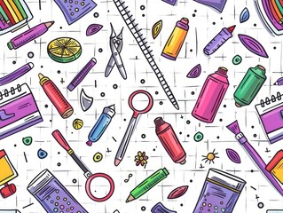 Detailed and vibrant doodle pattern of school supplies, colorful vector illustration, perfect for educational themes.