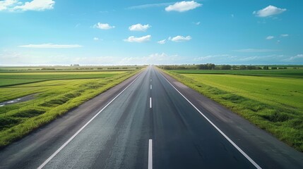Fototapeta premium A scenic open road stretches into the horizon, flanked by lush green fields under a bright blue sky with scattered clouds.