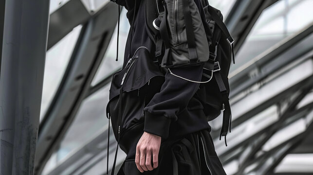 Urban style young man in techwear fashion in city setting