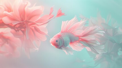 Fototapeta premium A pink fish swimming in a blue background