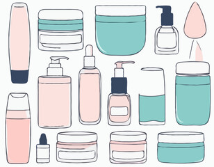 Skincare cosmetic product concept. Hand drawn flat vector illustration 