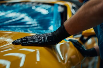 Close-up of a professional car detailing process with black gloved hand on vehicle surface. Captures meticulousness in automotive care and maintenance. Perfect for industry articles or tutorials