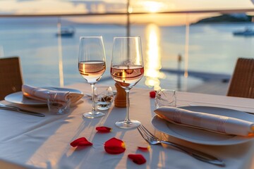 Table setting for a romantic dinner for a couple in love. Overal plan.