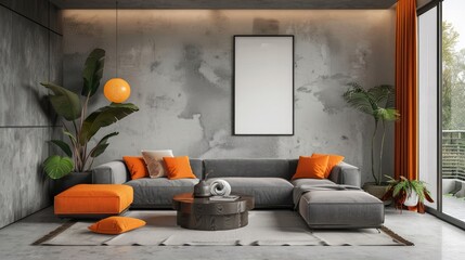 Blank white wall in chic grey and orange living room