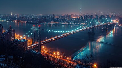 Fototapeta premium Majestic cityscape featuring a beautifully lit suspension bridge over a tranquil river at night, with a bustling city in the background.