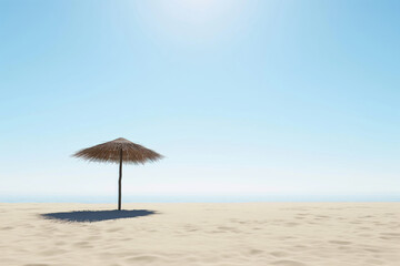 Fototapeta premium Lonely parasol standing on sandy beach against clear sky with sun in background