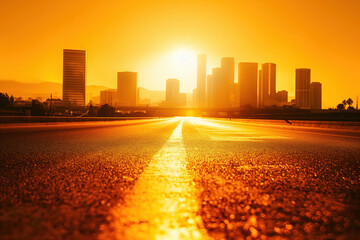 Obraz premium Empty highway leading to city at sunrise with bright light and clear sky