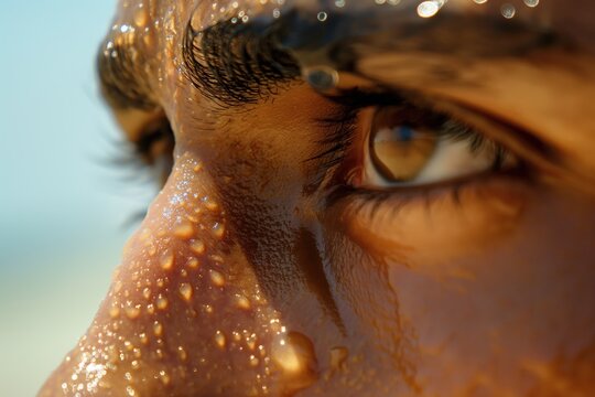Wet face with sweat and intense gaze, focusing on the eye