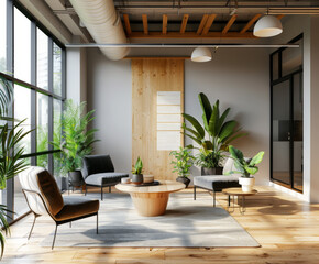 Stylish office interior with meeting and coworking area, relax corner and window