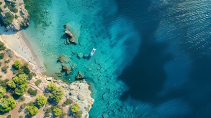 Naklejka premium Beautiful Mediterranean sea in Greece. Aerial abstract view of tropical idyllic summer landscape with blue sea water, and single boat 