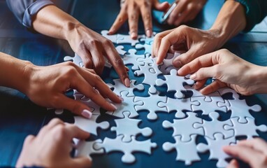 A realistic photo capturing a group of diverse hands working together to solve a large puzzle, symbolizing teamwork and collaboration