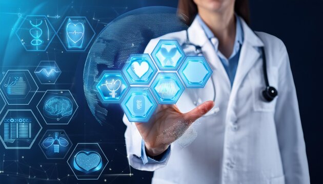 Medizintechnologie. Arzt h&auml;lt ein Gesundheitssymbol mit DNA und elektronische Patientenakte. Digitale Gesundheitsversorgung und Forschung mit globaler Netzwerkverbindung auf einem holografischen virtu