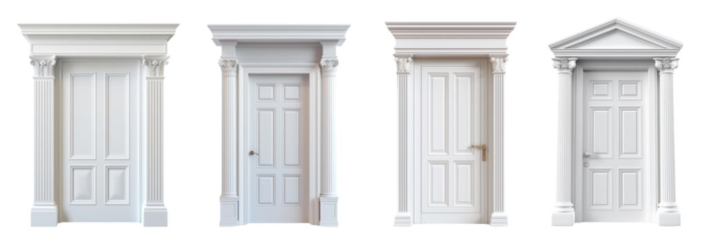 White wooden door styles isolated on transparent or white background