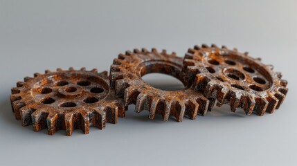 Rusty metal gears in horizontal view on gray background