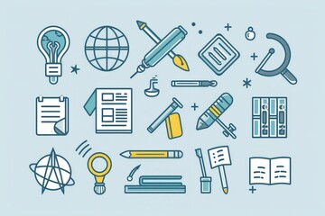 Obraz premium Educational icons in minimalistic lineal style, isolated on a light pastel background.