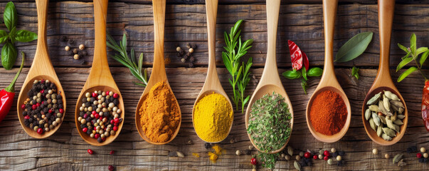 A variety of spices and ingredients on wooden spoons, elegantly displayed on a cooking table, highlighting the vibrant colors and textures.