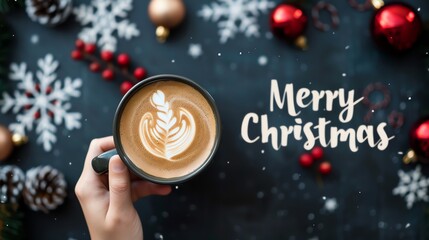 Hand holding coffee cup with latte art and Merry Christmas text surrounded by festive decorations on a dark background.