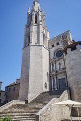 Girona, Spain - 23 July, 2024: Steps at the entrance to the Basilica de San Felix, Girona, Catalonia