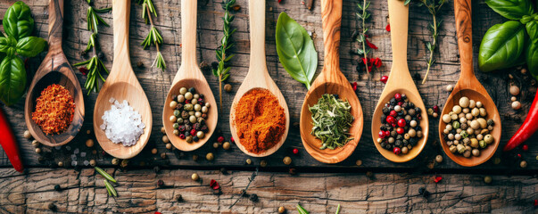 A variety of spices and cooking ingredients on wooden spoons, meticulously arranged on a rustic cooking table, showcasing their beauty.