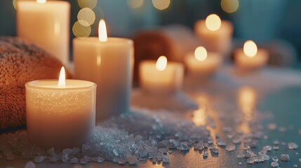 Close up image of candles burning with sea salt on table in dimly lit spa sanctuary