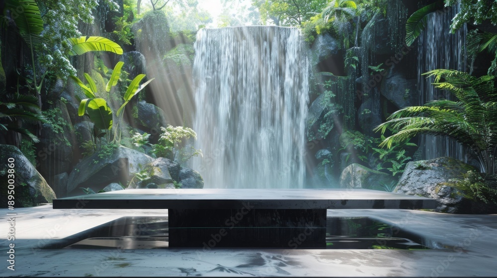 Aufkleber A stone platform sits in front of a waterfall, surrounded by lush greenery. Sunlight filters through the foliage, creating a serene atmosphere.