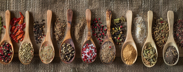 Various spices and cooking ingredients on wooden spoons, elegantly arranged on a rustic cooking table, showcasing their culinary appeal.