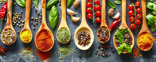 An assortment of colorful spices and fresh ingredients on wooden spoons, beautifully displayed on a cooking table, highlighting their vibrant hues.