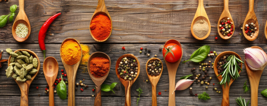An array of spices and fresh ingredients on wooden spoons, spread across a wooden cooking table, highlighting the diversity of culinary elements.