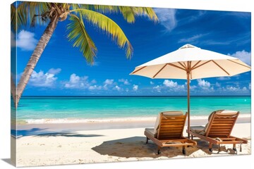 Obraz premium Tropical beach scene with two lounge chairs under a white umbrella. Perfect image for travel, vacation, or summer-themed designs. Bright colors and serene setting inspire relaxation and tranquility