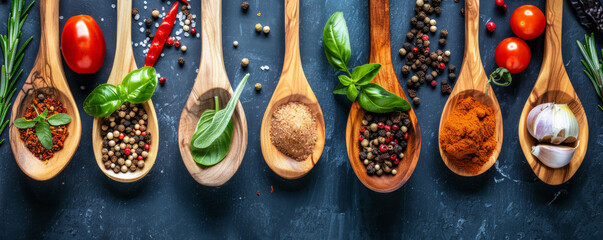 Top view of various spices and ingredients on wooden spoons, elegantly displayed on a cooking table, highlighting their culinary appeal.