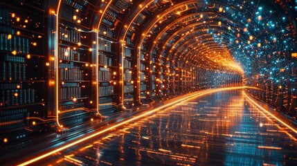 Fototapeta premium Breathtaking Virtual Golden Library with Glowing Black Cryptocurrency Knowledge Base