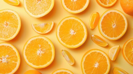 Fototapeta premium Fresh orange slices on colored background in a creative summer concept